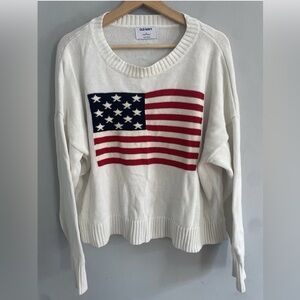 Old Navy White USA Flag Crew-Neck Sweater 100% Cotton Loose Fit Size XL